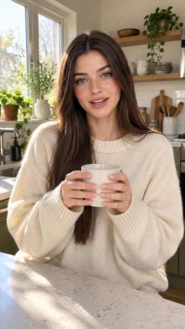 Mia tomando café da manhã na cozinha