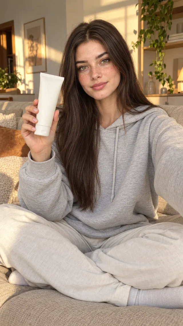 Mia mostrando um antes e depois no sofá
